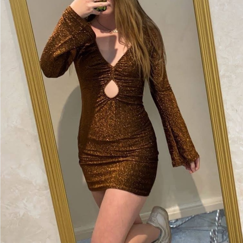 Burnt Orange/Copper Long Sleeve Party Dress